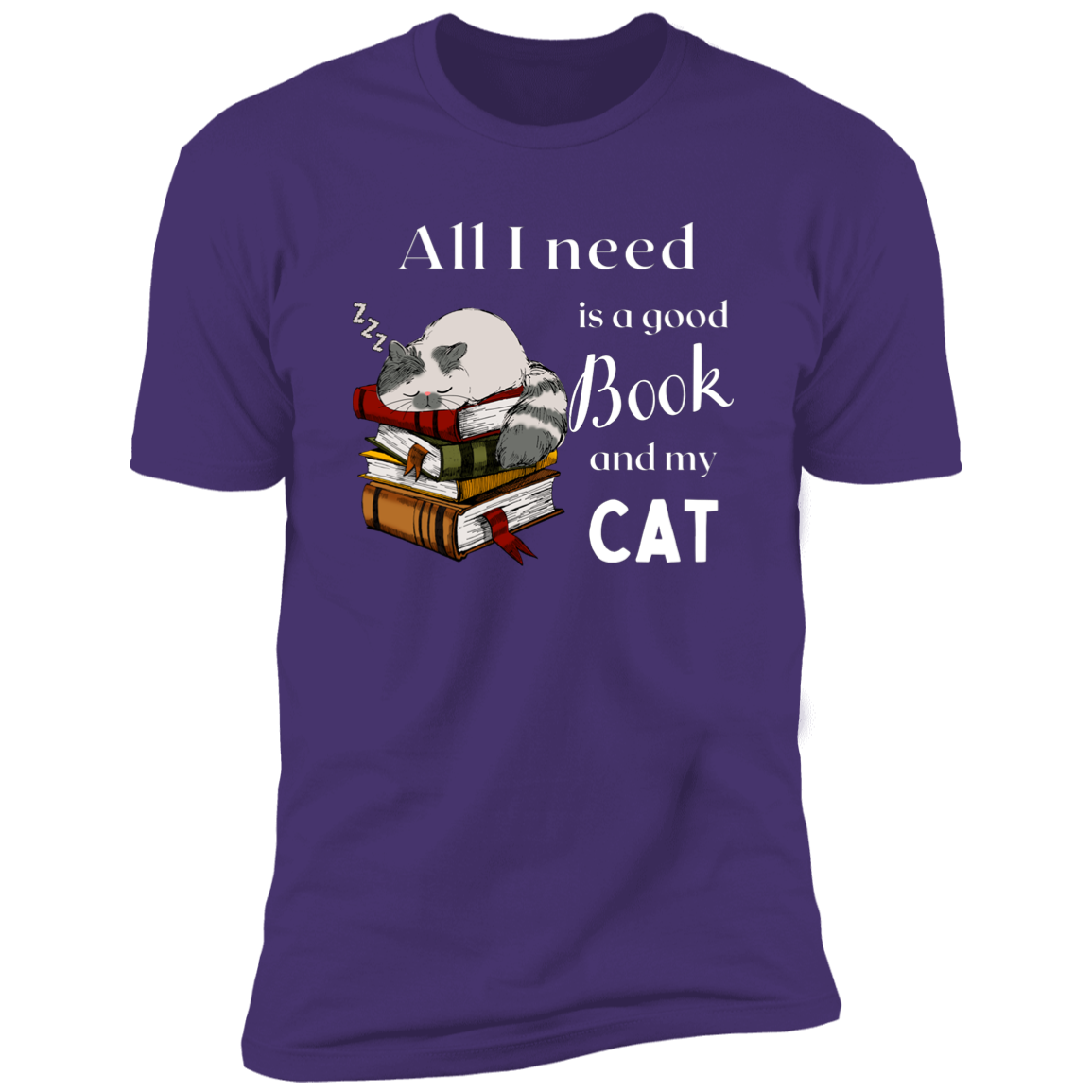 All I Need is a Good Book and My Cat t-shirt for humans, in purple rush