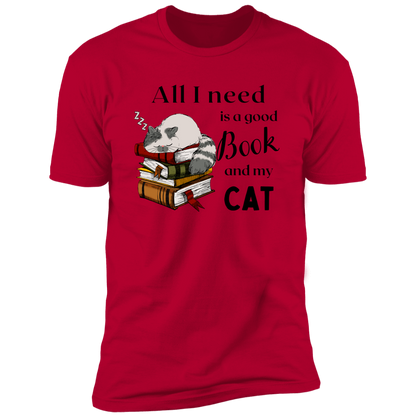 All I Need is a Good Book and My Cat t-shirt for humans, in red